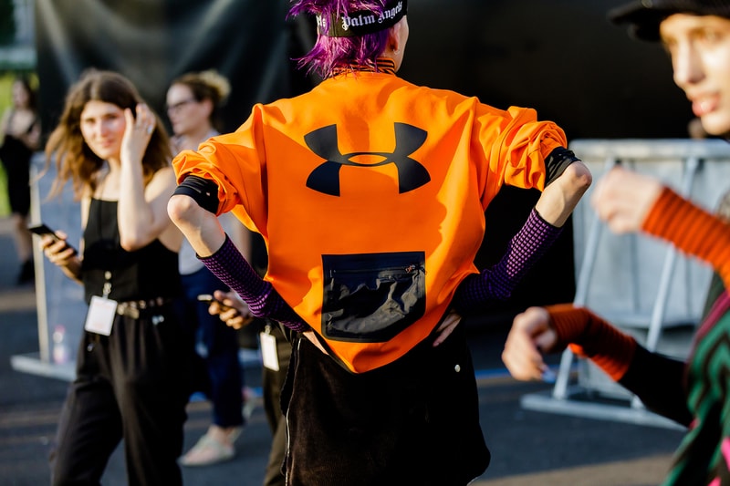palm angels spring summer 2019 milan fashion week striped orange under armour pullover shirt logo black corduroy shorts black tanning bed sunglasses goggles arm warmers