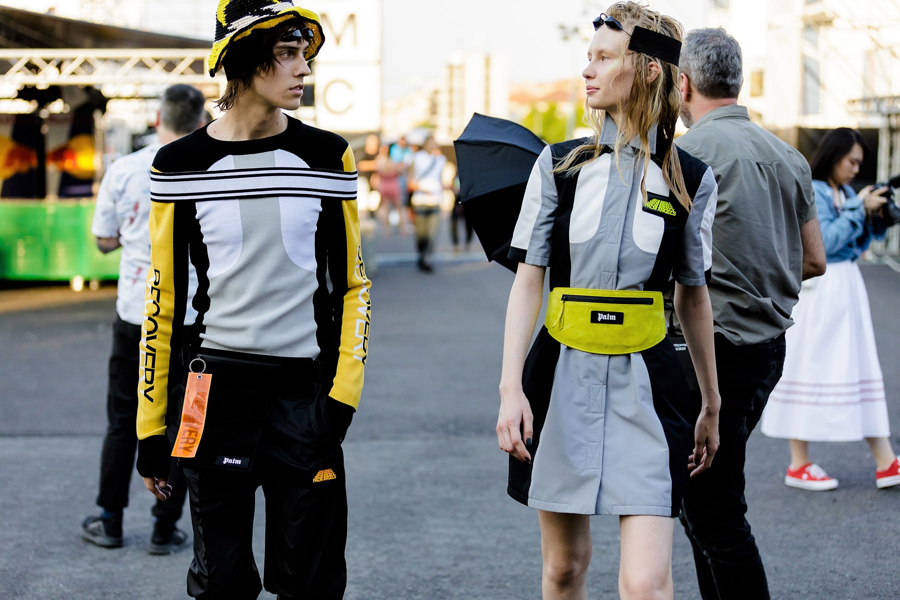 palm angels spring summer 2019 milan fashion week striped orange turtle neck black tanning bed sunglasses goggles woven hat knit strap grey white black yellow long sleeve shirt waist fanny bag pack dress recovery tag pants