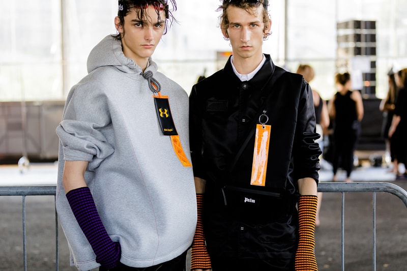 palm angels spring summer 2019 milan fashion week grey hoodie tanning bed glasses under armour branding logo arm warmers