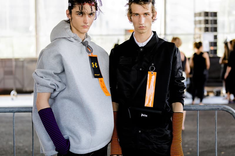 palm angels spring summer 2019 milan fashion week grey hoodie tanning bed glasses under armour branding logo arm warmers