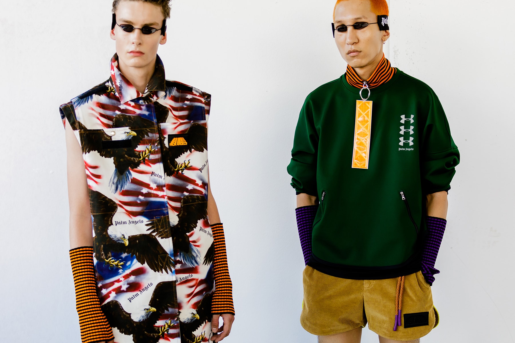palm angels spring summer 2019 milan fashion week american flag eagle armwarmers yellow green pullover logo corduroy shorts tanning bed glasses