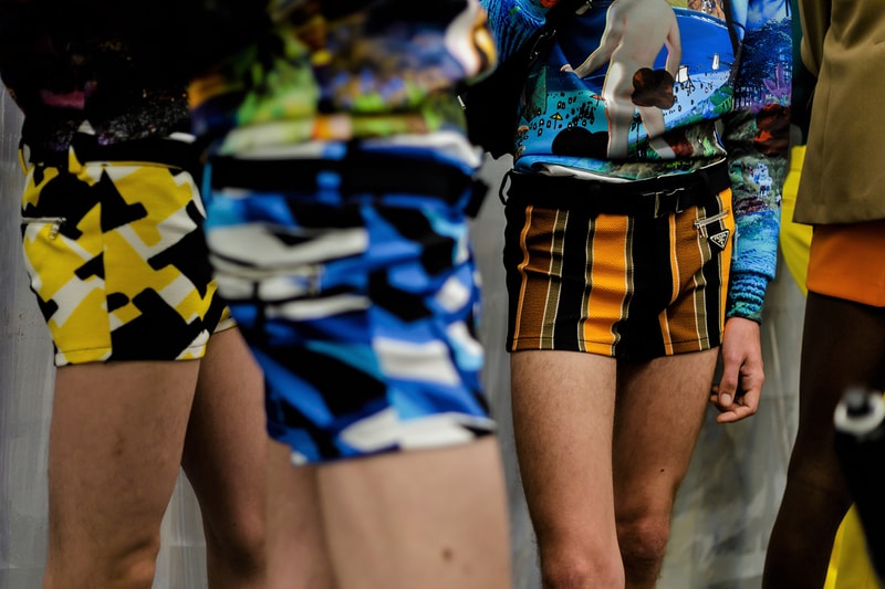 Prada Spring/Summer 2019 Backstage Milan Fashion Week Miuccia Prada Cloudbust Sneakers Shorts Denim