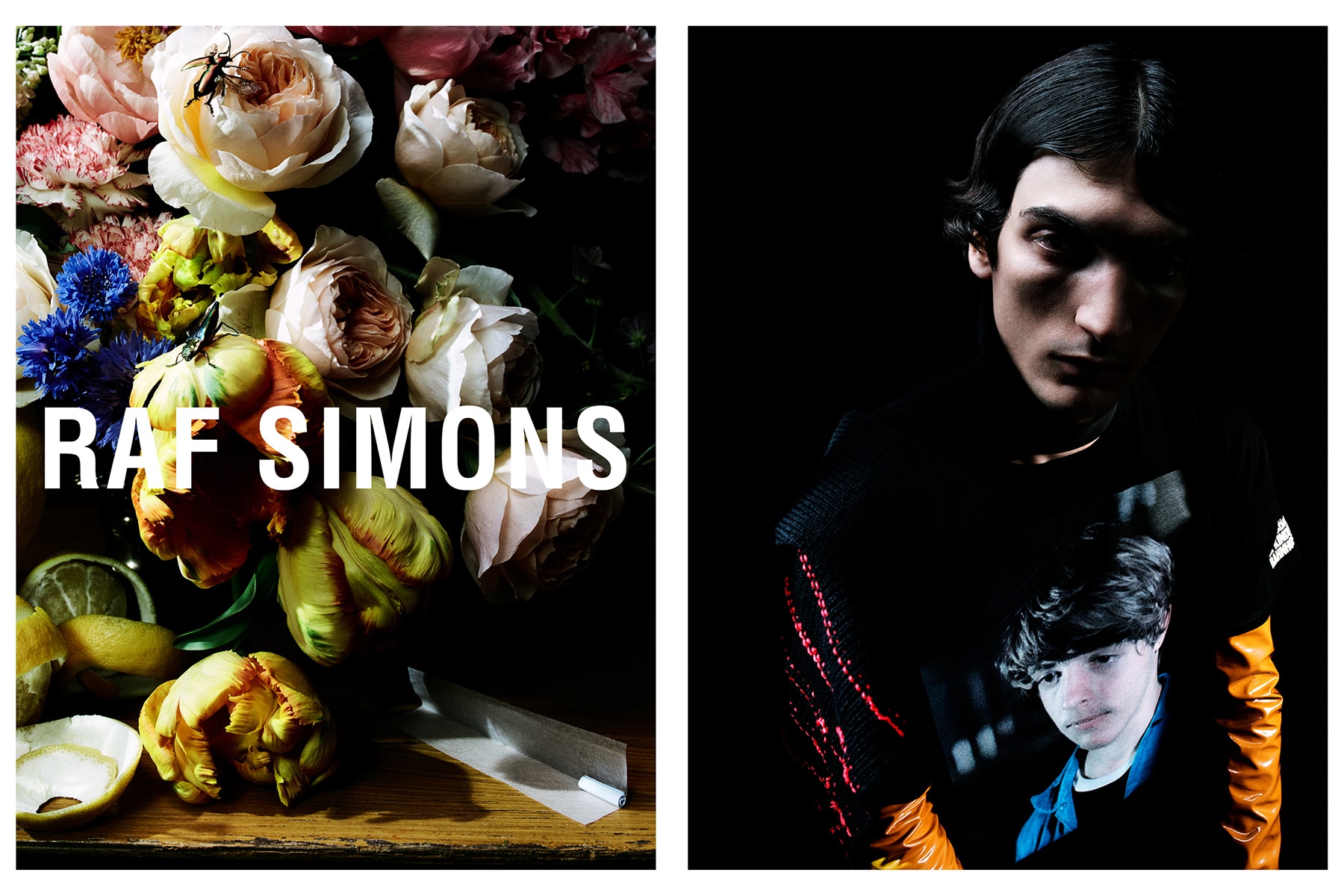 raf simons fall winter 2018 campaign advertisements imagery collection Photography Willy Vanderperre Styling Olivier Rizzo Flowers Mark Colle Model Luca Lemaire