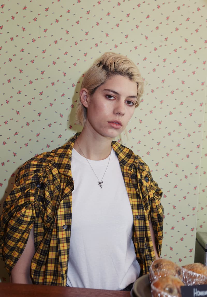 suicoke slam jam spring summer 2018 lookbook white tee shirt plaid coat green blonde dye hair