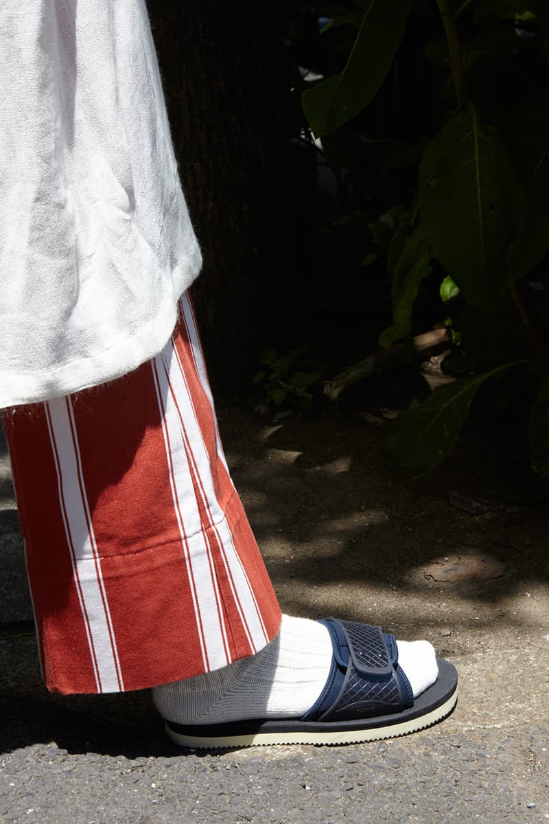 suicoke slam jam spring summer 2018 lookbook blue slide sandal white socks green stripe pants wide styling white coat