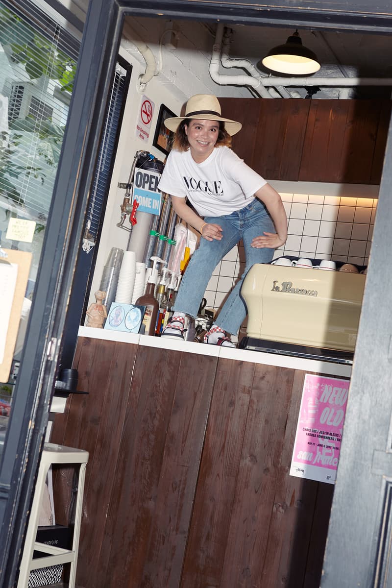 suicoke slam jam spring summer 2018 lookbook raw hem faded blue indigo jeans white vogue tee shirt summer wide hat brim