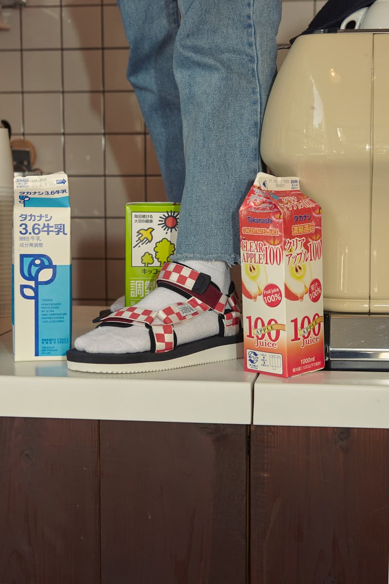 suicoke slam jam spring summer 2018 lookbook green checkerboard strap depa v2 sandal shoe white grey sock blue raw frayed hem jeans style