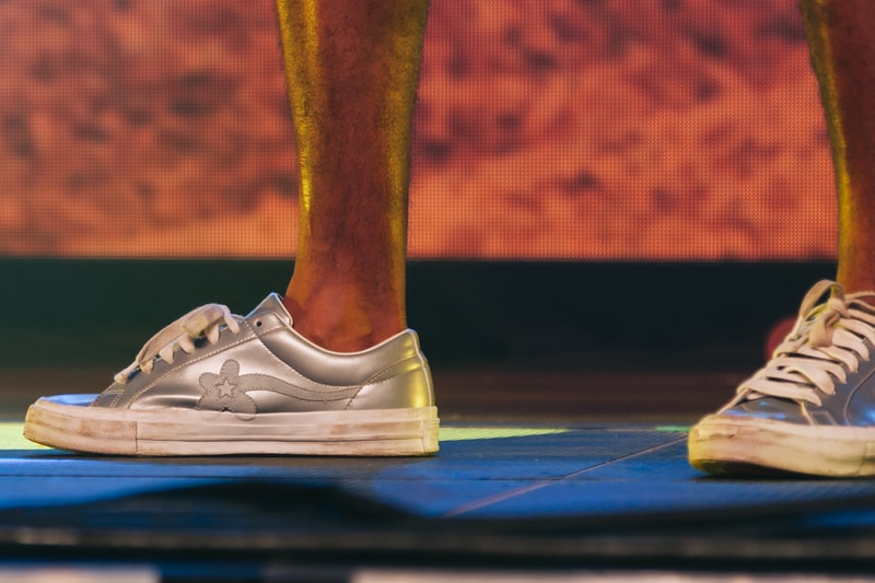 tyler the creator golf le fleur converse collaboration silver metallic white sneaker colorway unreleased on feet