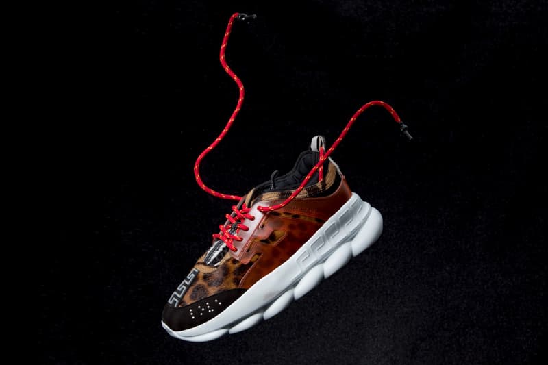 Versace Chain Reaction Fall Winter 2018 Closer Look Salehe Bembury footwear sneakers luxury styling fashion Italian Fashion collection exclusive running sneaker drop info pattern high top low plaid leopard zebra fur print