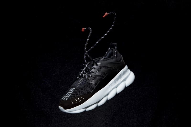 Versace Chain Reaction Fall Winter 2018 Closer Look Salehe Bembury footwear sneakers luxury styling fashion Italian Fashion collection exclusive running sneaker drop info pattern high top low plaid leopard zebra fur print