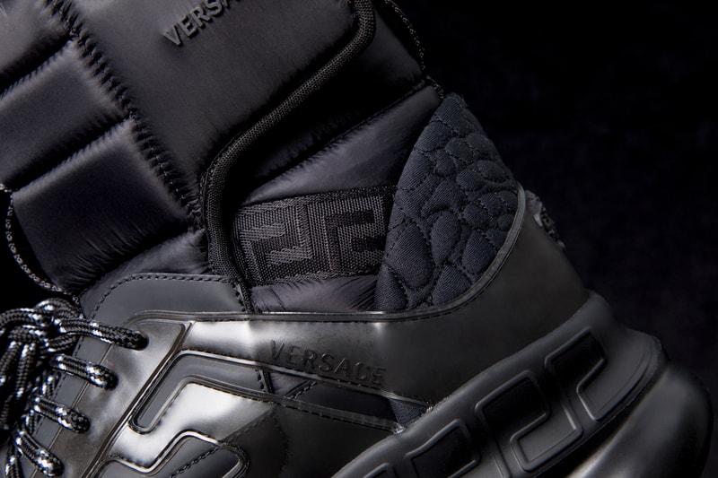 Versace Chain Reaction Fall Winter 2018 Closer Look Salehe Bembury footwear sneakers luxury styling fashion Italian Fashion collection exclusive running sneaker drop info pattern high top low plaid leopard zebra fur print