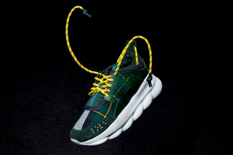 Versace Chain Reaction Fall Winter 2018 Closer Look Salehe Bembury footwear sneakers luxury styling fashion Italian Fashion collection exclusive running sneaker drop info pattern high top low plaid leopard zebra fur print