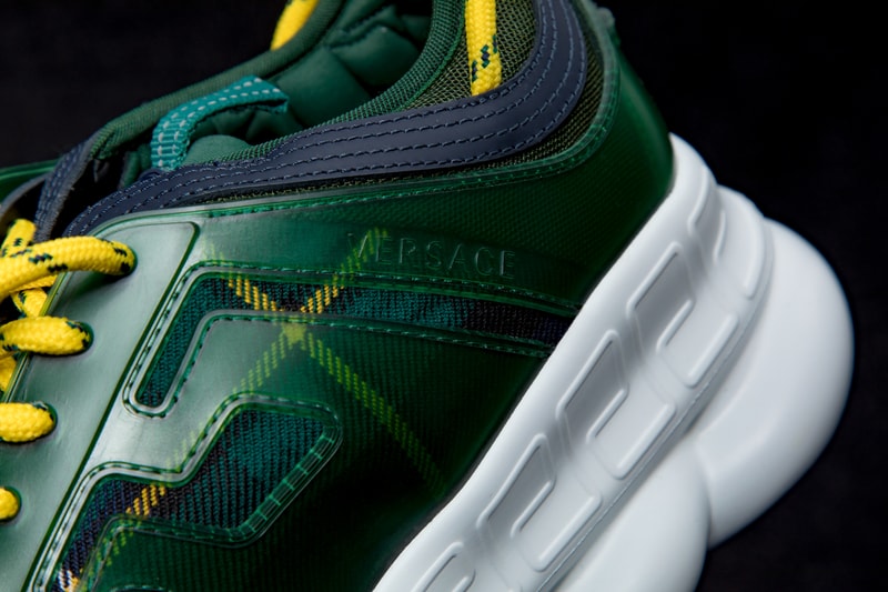 Versace Chain Reaction Fall Winter 2018 Closer Look Salehe Bembury footwear sneakers luxury styling fashion Italian Fashion collection exclusive running sneaker drop info pattern high top low plaid leopard zebra fur print
