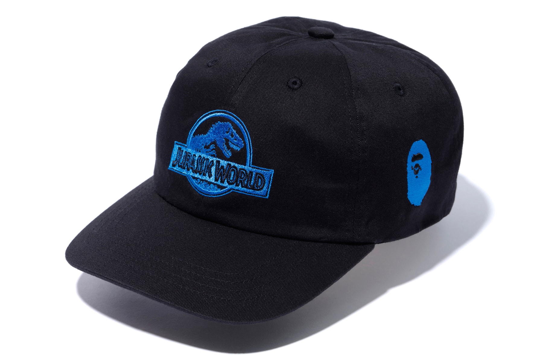 bape jurassic world fallen kingdom collaboration 2018 black cap blue branding ape head embroidery