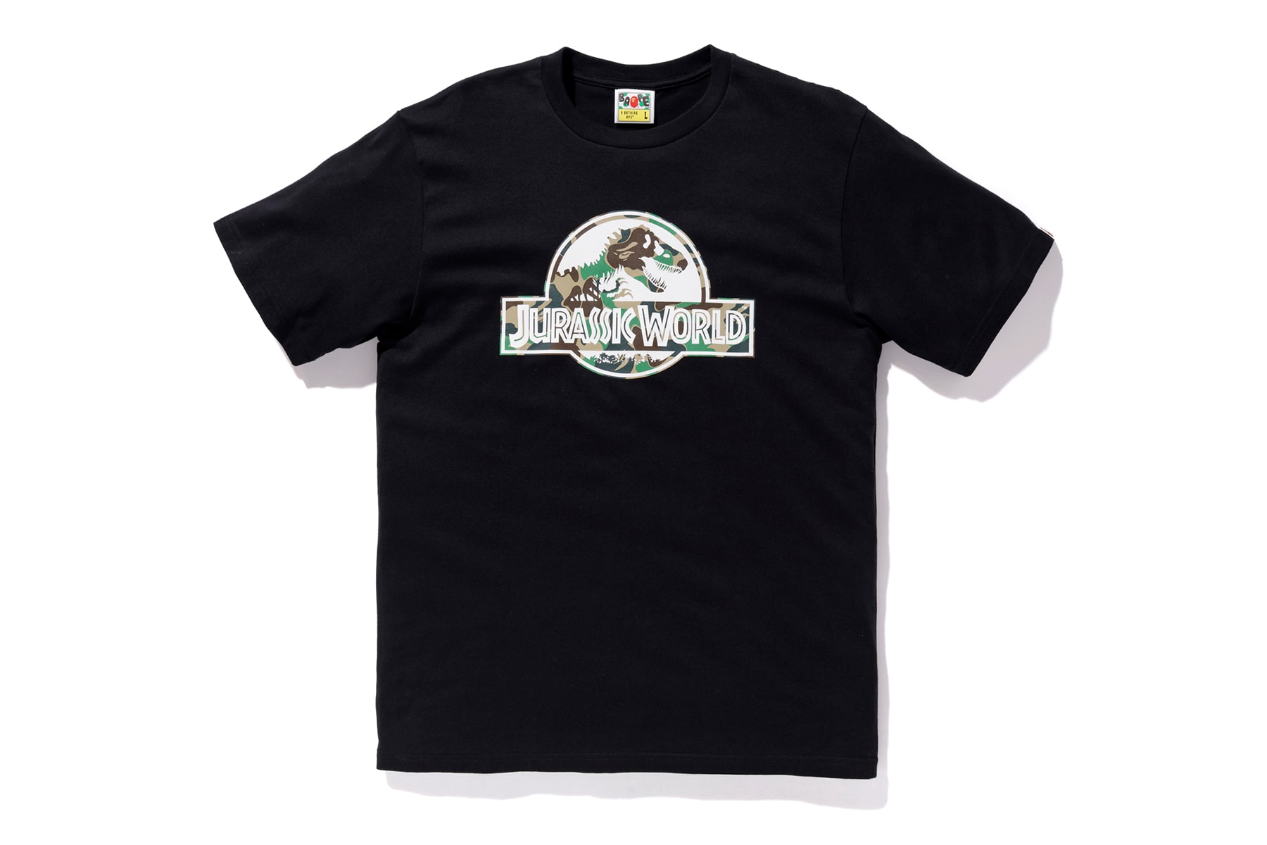 bape jurassic world fallen kingdom collaboration 2018 logo branding black tee shirt short sleeve camouflage