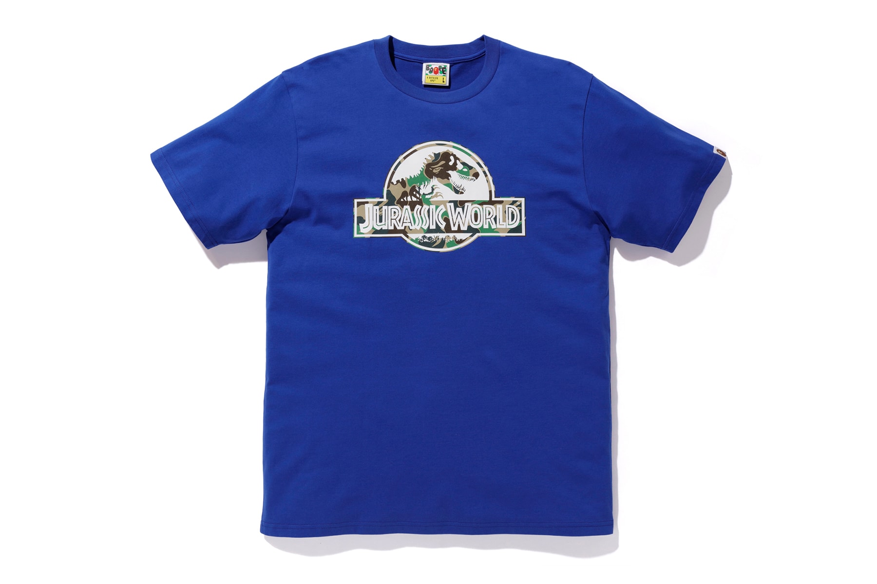 bape jurassic world fallen kingdom collaboration 2018 logo branding blue tee shirt short sleeve camouflage