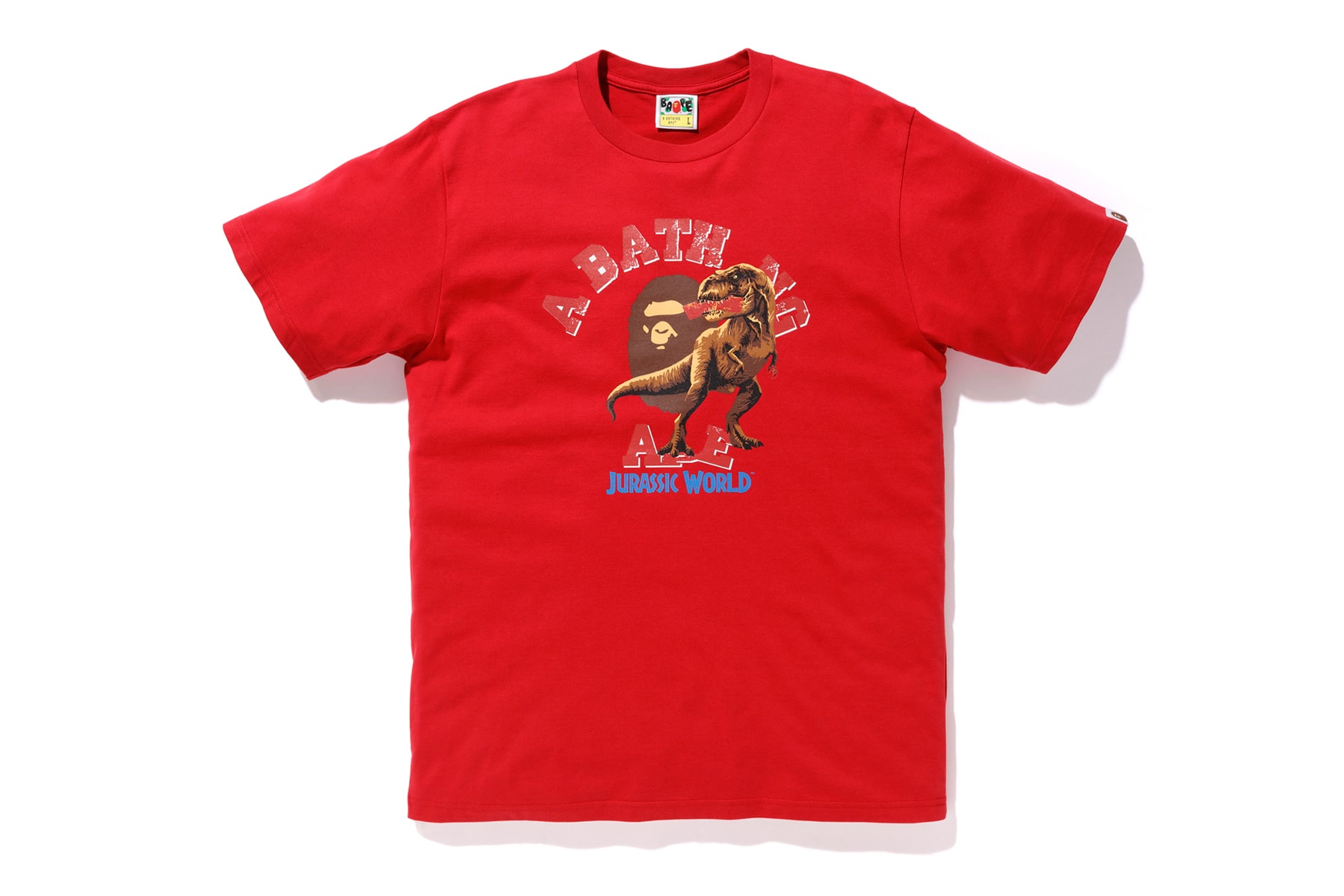 bape jurassic world fallen kingdom collaboration 2018 logo branding tee shirt short sleeve tyrannosaurus red ape head front