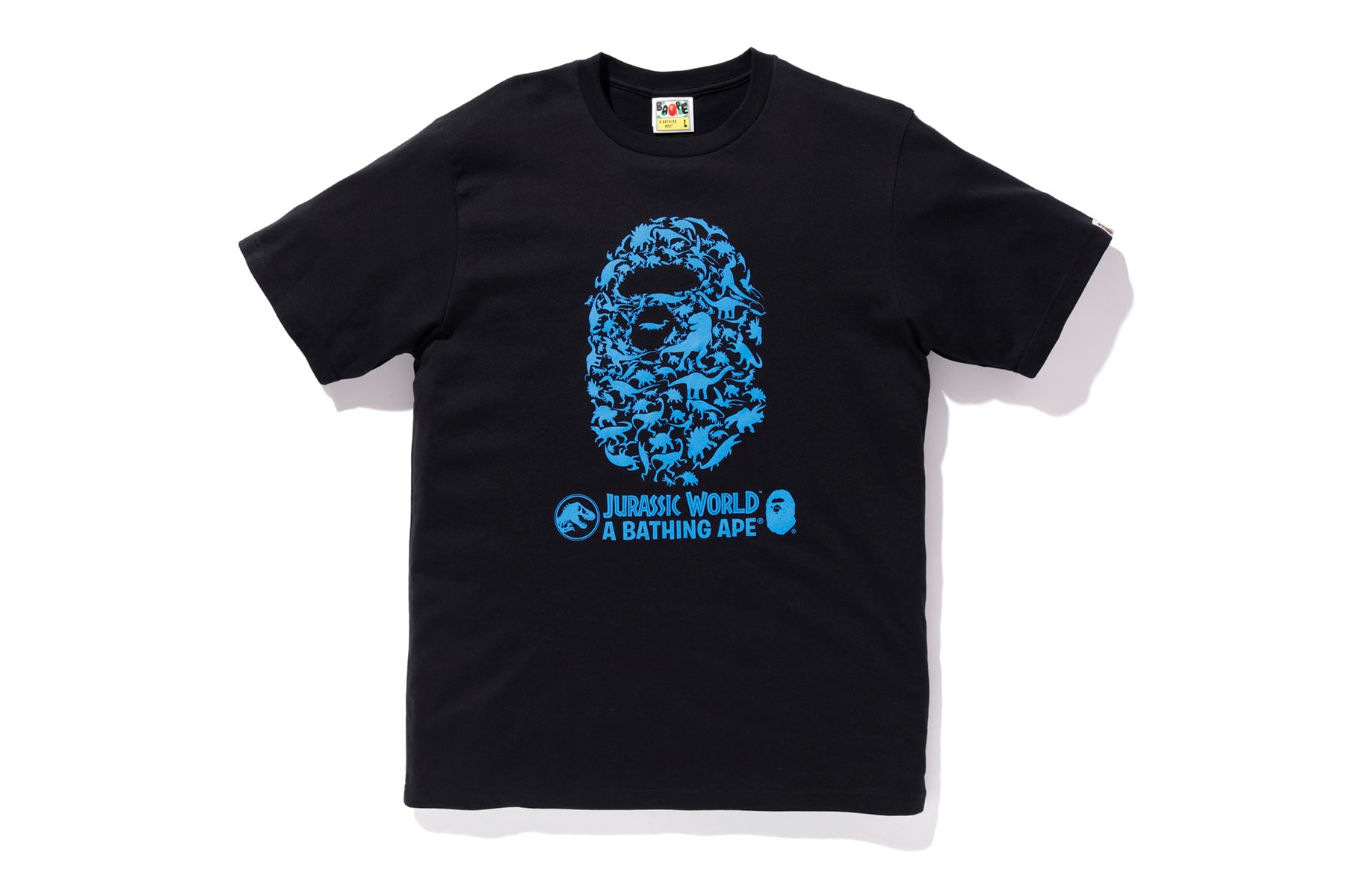 bape jurassic world fallen kingdom collaboration 2018 logo branding tee shirt short sleeve tyrannosaurus dinosaur blue black ape head front