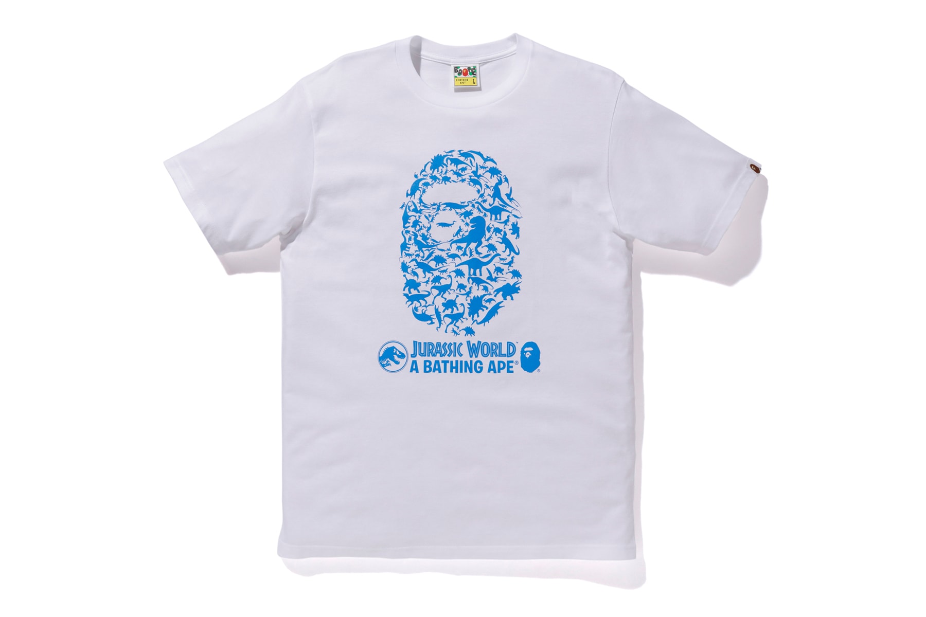 bape jurassic world fallen kingdom collaboration 2018 logo branding tee shirt short sleeve dinosaur white blue ape head front