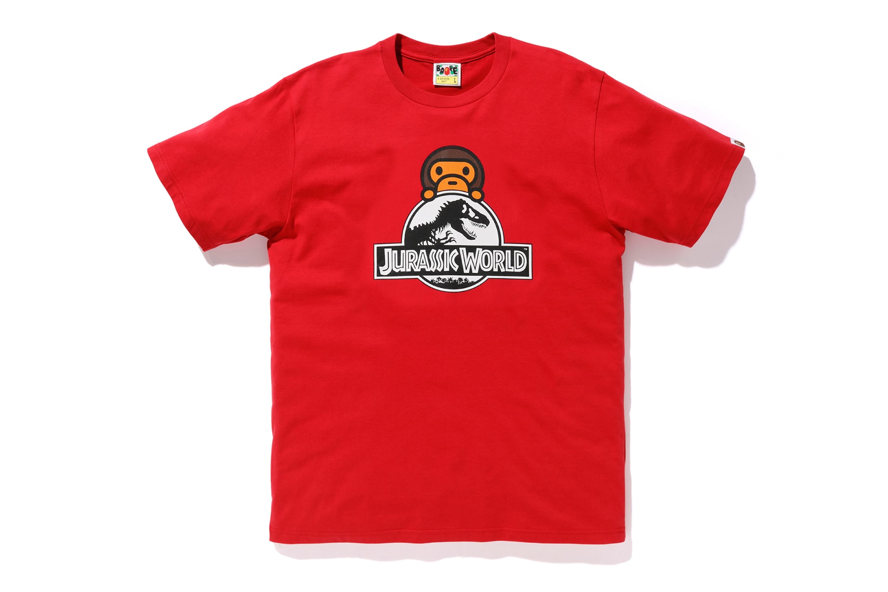 bape jurassic world fallen kingdom collaboration 2018 logo branding tee shirt short sleeve dinosaur baby milo red front