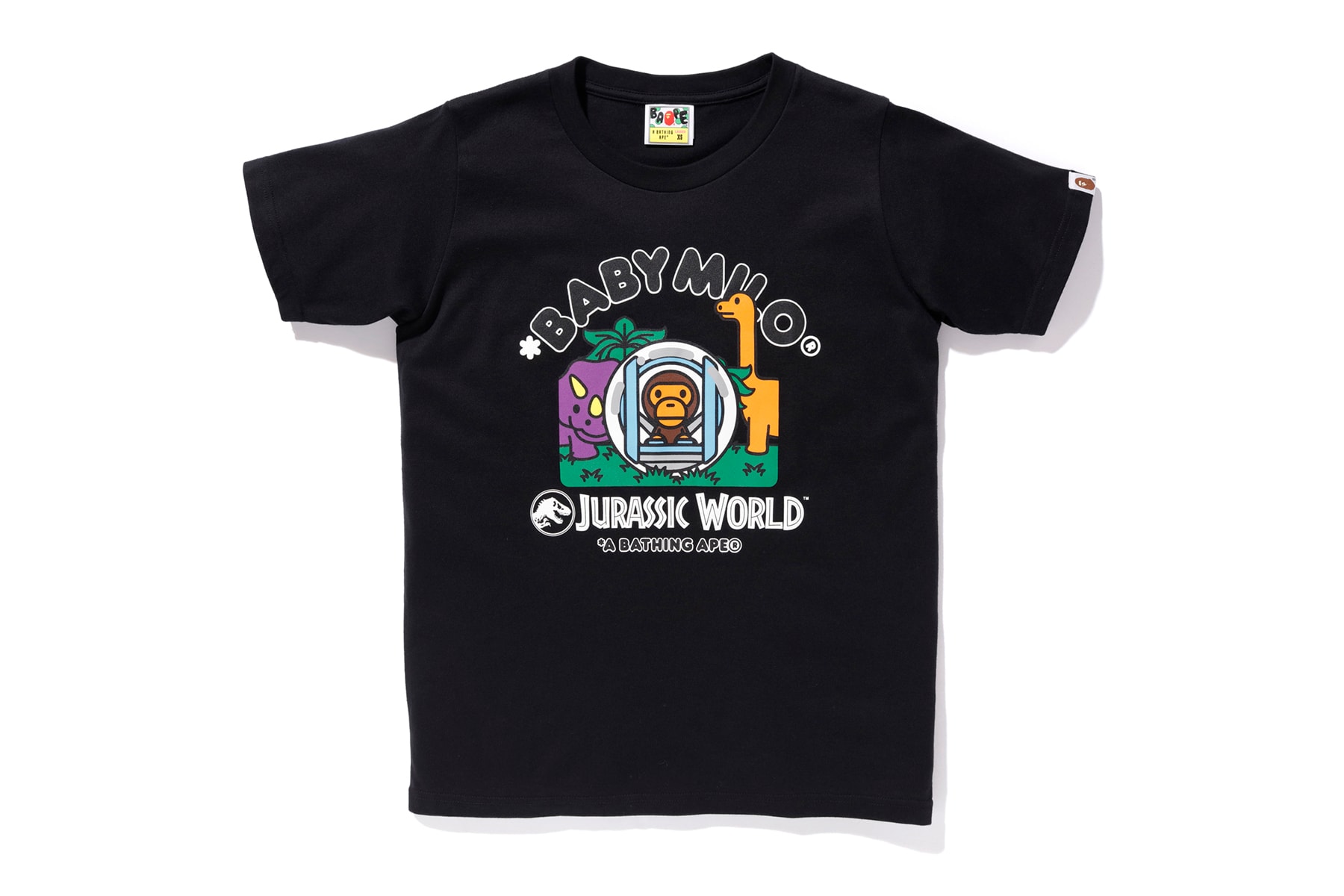 bape jurassic world fallen kingdom collaboration 2018 logo branding tee shirt short sleeve dinosaur baby milo black front print ball