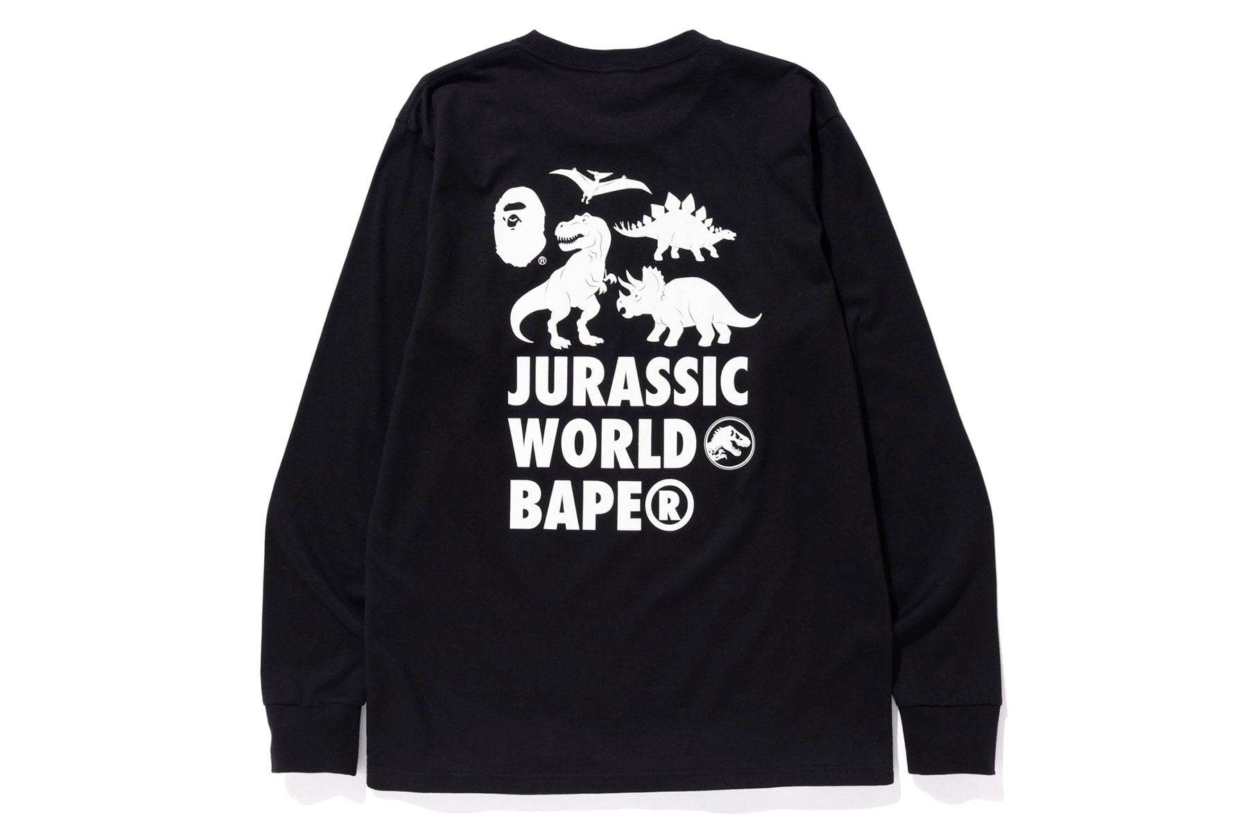 bape jurassic world fallen kingdom collaboration 2018 logo branding white back graphics black sweater long sleeve