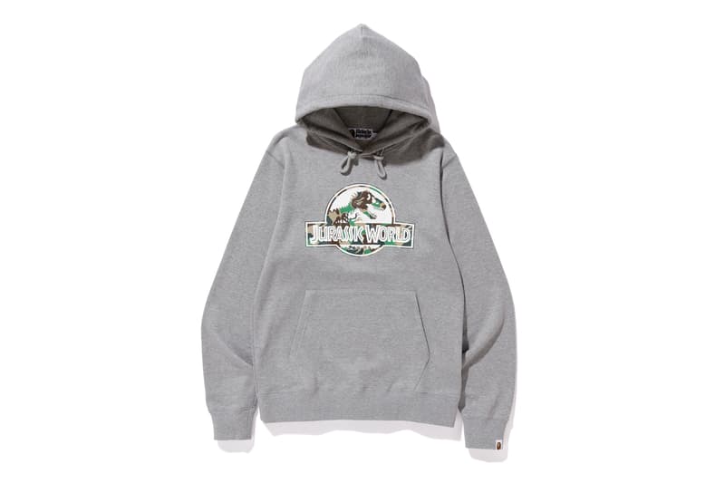 bape jurassic world fallen kingdom collaboration 2018 logo branding grey long sleeve hoodie camouflage