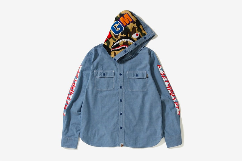 bape shark chambray hoodie shirt blue