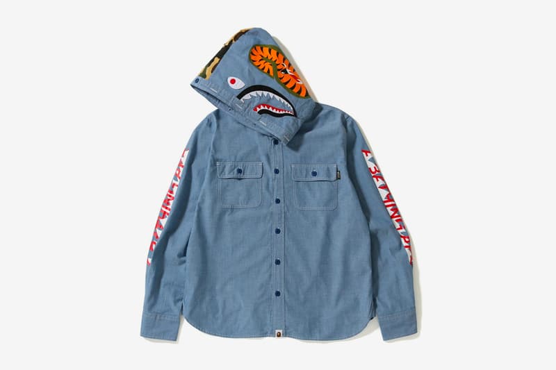 bape shark chambray hoodie shirt blue