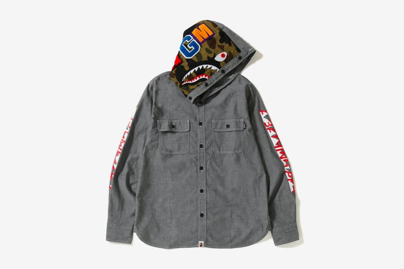 bape shark chambray hoodie shirt black