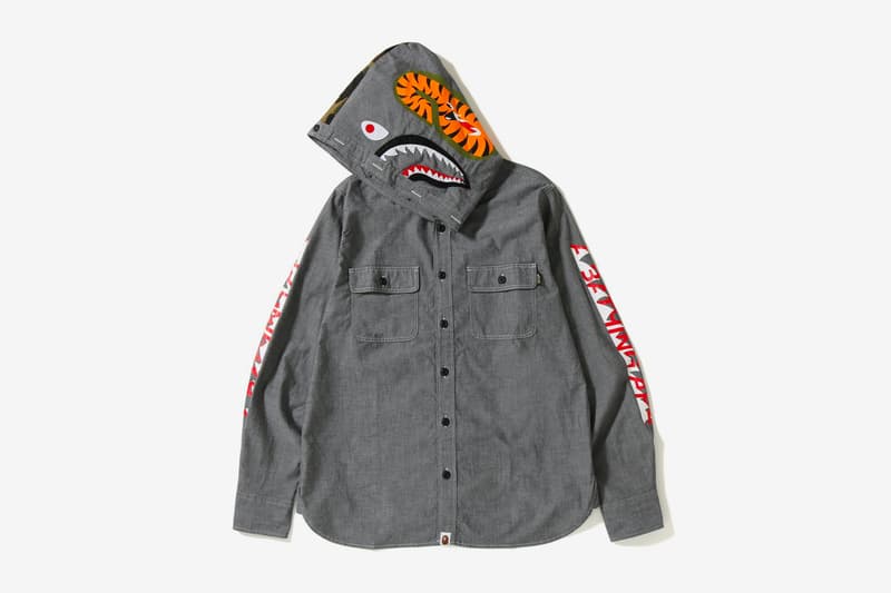 bape shark chambray hoodie shirt black