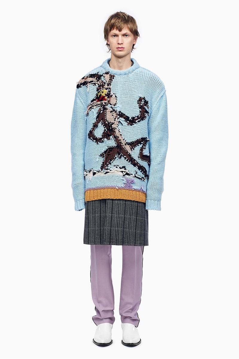 calvin klein 205w39nyc wile e coyote the roadrunner looney tunes leather bags zipper wallet card case intarsia reverse knit sweater collaboration black cream blue fall winter 2018 drop release date pre order buy sale shop sell