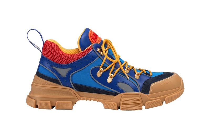 Gucci Flashtrek Sneaker Release Details Available Cop Purchase Buy Now Shoes Kicks Trainers Footwear Hiking Oversize Shape Sole Fall/Winter 2018 Bright Colors Materials Rubber Leather Suede Technical Canvas Gucci Logo SEGA Font Coin-op Game Rooms Eighties