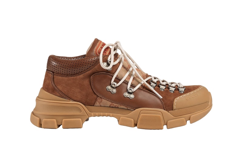 Gucci Flashtrek Sneaker Release Details Available Cop Purchase Buy Now Shoes Kicks Trainers Footwear Hiking Oversize Shape Sole Fall/Winter 2018 Bright Colors Materials Rubber Leather Suede Technical Canvas Gucci Logo SEGA Font Coin-op Game Rooms Eighties