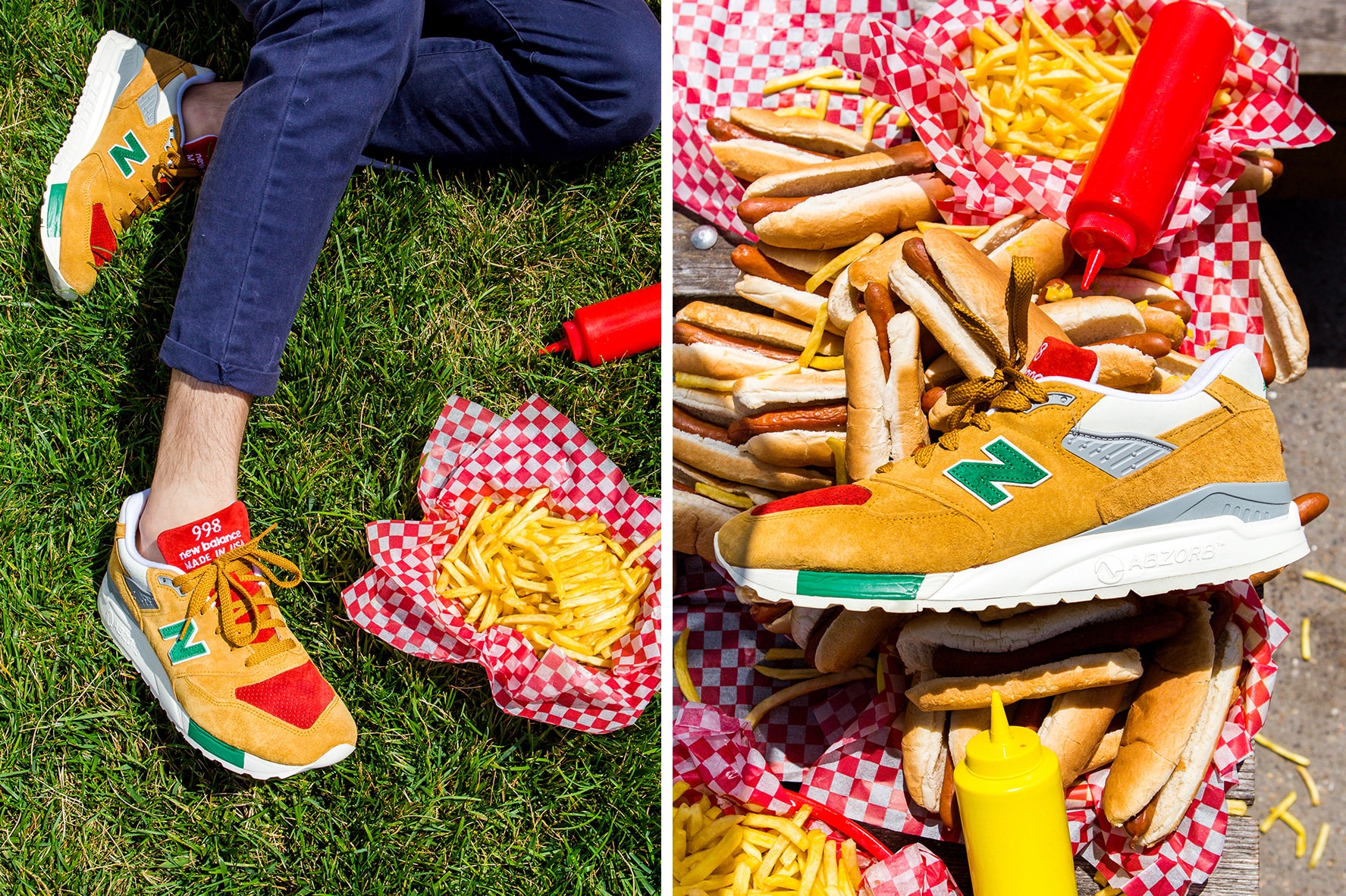 J. Crew New Balance 998 Ketchup Mustard Colorway red green pickle relish yellow hot dog 4th of july condiments July 12 special packaging
