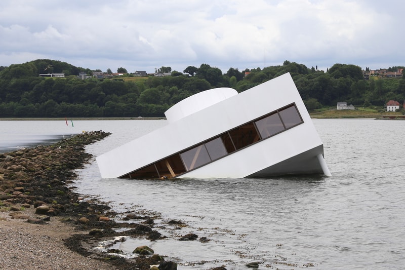 Le Corbusier's Villa Savoye Replica Sunk Floating Art Festival 2018 Danish fjord Flooding Modernity artist Asmund Havsteen-Mikkelsen Veijle Art Museum