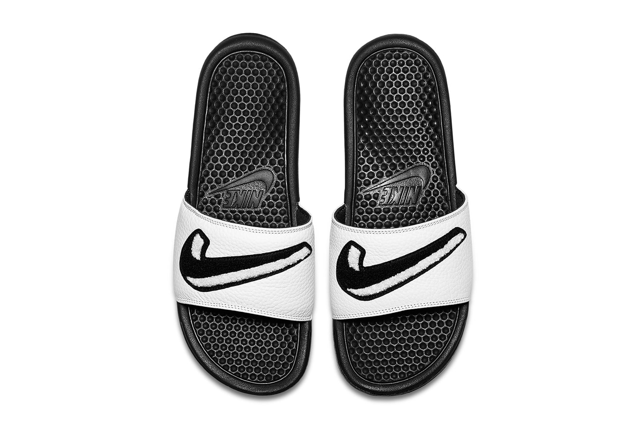 Nike Benassi Slides Chenille Swoosh black white gold tan sandals release info