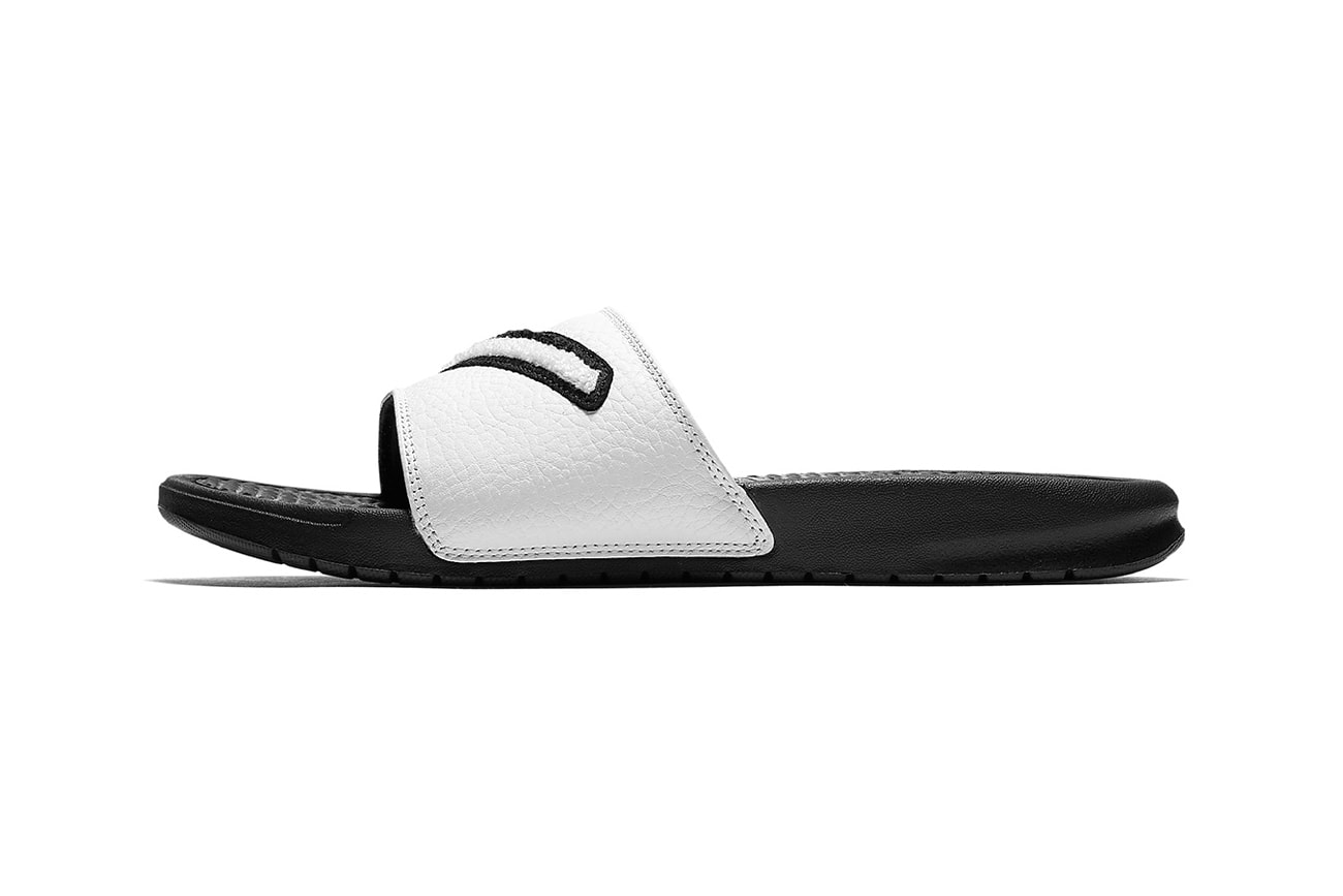 Nike Benassi Slides Chenille Swoosh black white gold tan sandals release info