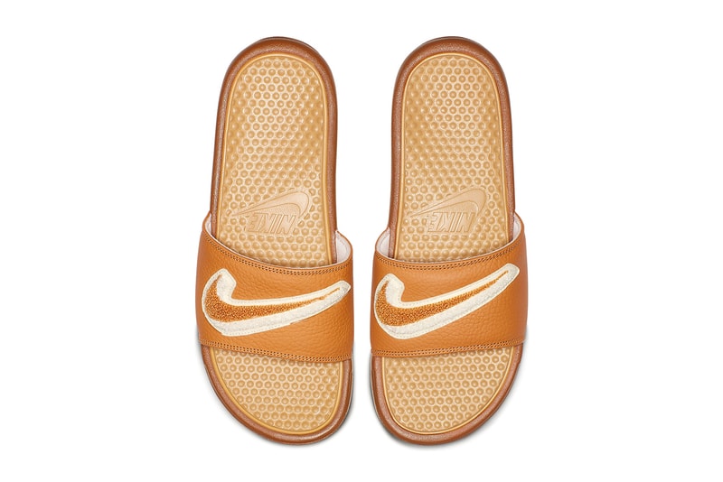 Nike Benassi Slides Chenille Swoosh black white gold tan sandals release info