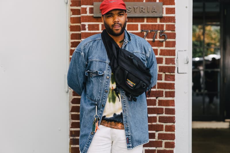 new york fashion week spring summer 2019 city street style snap photograph balenciaga nike off white ufc blue white air jordan 1 prada shirt leather vest floral tropical pattern football soccer jersey comme des garcons pink sneaker bapesta desert rat black