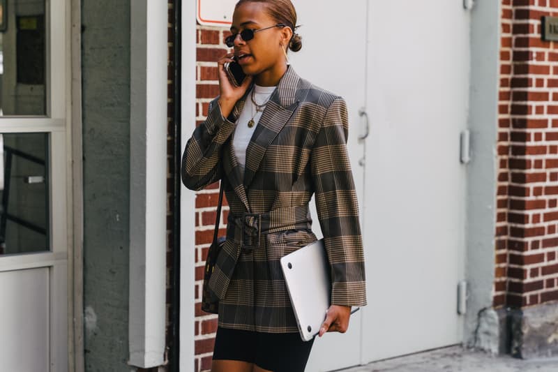new york fashion week spring summer 2019 city street style snap photograph balenciaga nike off white ufc blue white air jordan 1 prada shirt leather vest floral tropical pattern football soccer jersey comme des garcons pink sneaker bapesta desert rat black