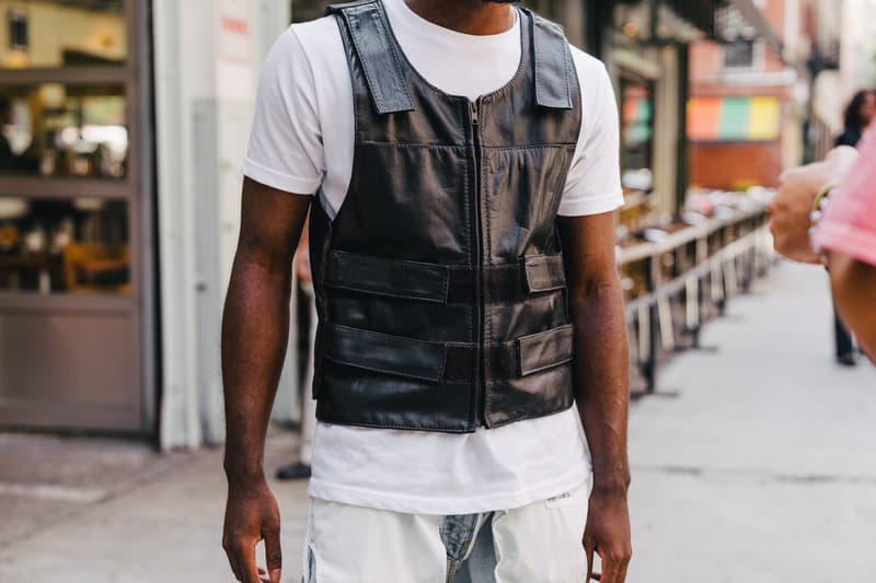 new york fashion week spring summer 2019 city street style snap photograph balenciaga nike off white ufc blue white air jordan 1 prada shirt leather vest floral tropical pattern football soccer jersey comme des garcons pink sneaker bapesta desert rat black
