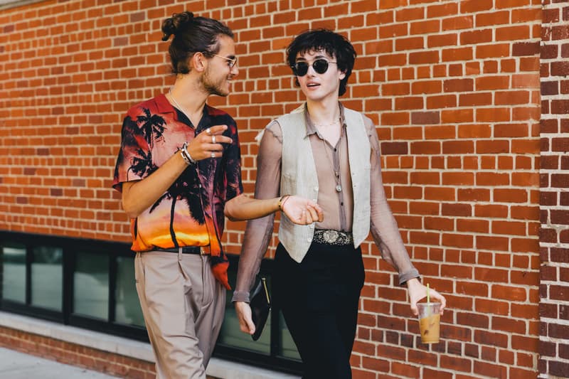 new york fashion week spring summer 2019 city street style snap photograph balenciaga nike off white ufc blue white air jordan 1 prada shirt leather vest floral tropical pattern football soccer jersey comme des garcons pink sneaker bapesta desert rat black