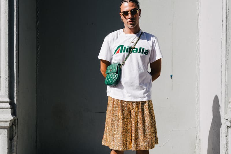 new york fashion week spring summer 2019 city street style snap photograph balenciaga nike off white ufc blue white air jordan 1 prada shirt leather vest floral tropical pattern football soccer jersey comme des garcons pink sneaker bapesta desert rat black