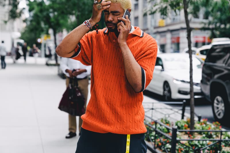 new york fashion week spring summer 2019 city street style snap photograph balenciaga nike off white ufc blue white air jordan 1 prada shirt leather vest floral tropical pattern football soccer jersey comme des garcons pink sneaker bapesta desert rat black