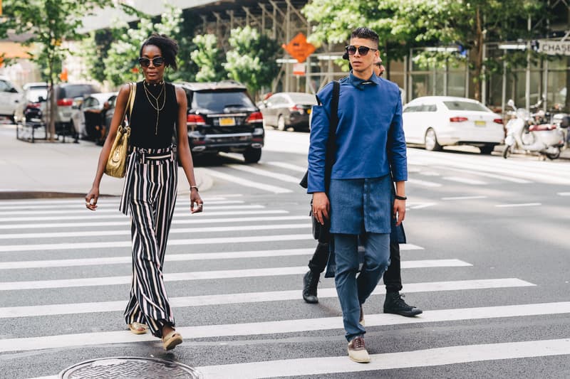 new york fashion week spring summer 2019 city street style snap photograph balenciaga nike off white ufc blue white air jordan 1 prada shirt leather vest floral tropical pattern football soccer jersey comme des garcons pink sneaker bapesta desert rat black