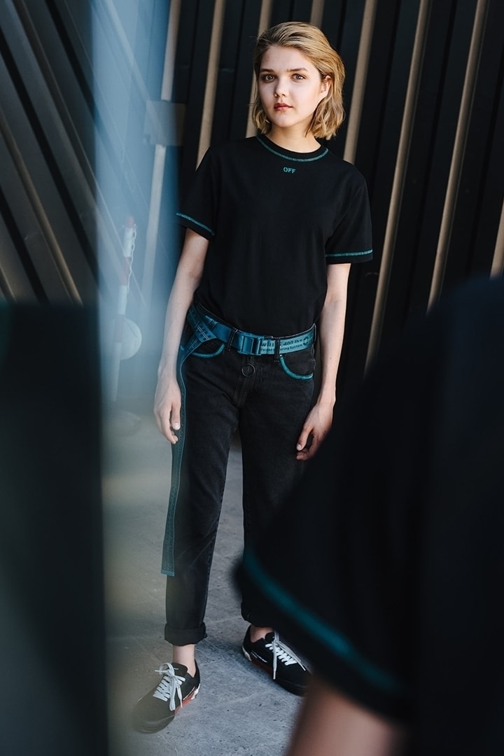 off white thedoublef exclusive capsule collection black july 11 2018 womens belt tee shirt jeans white socks sneakers