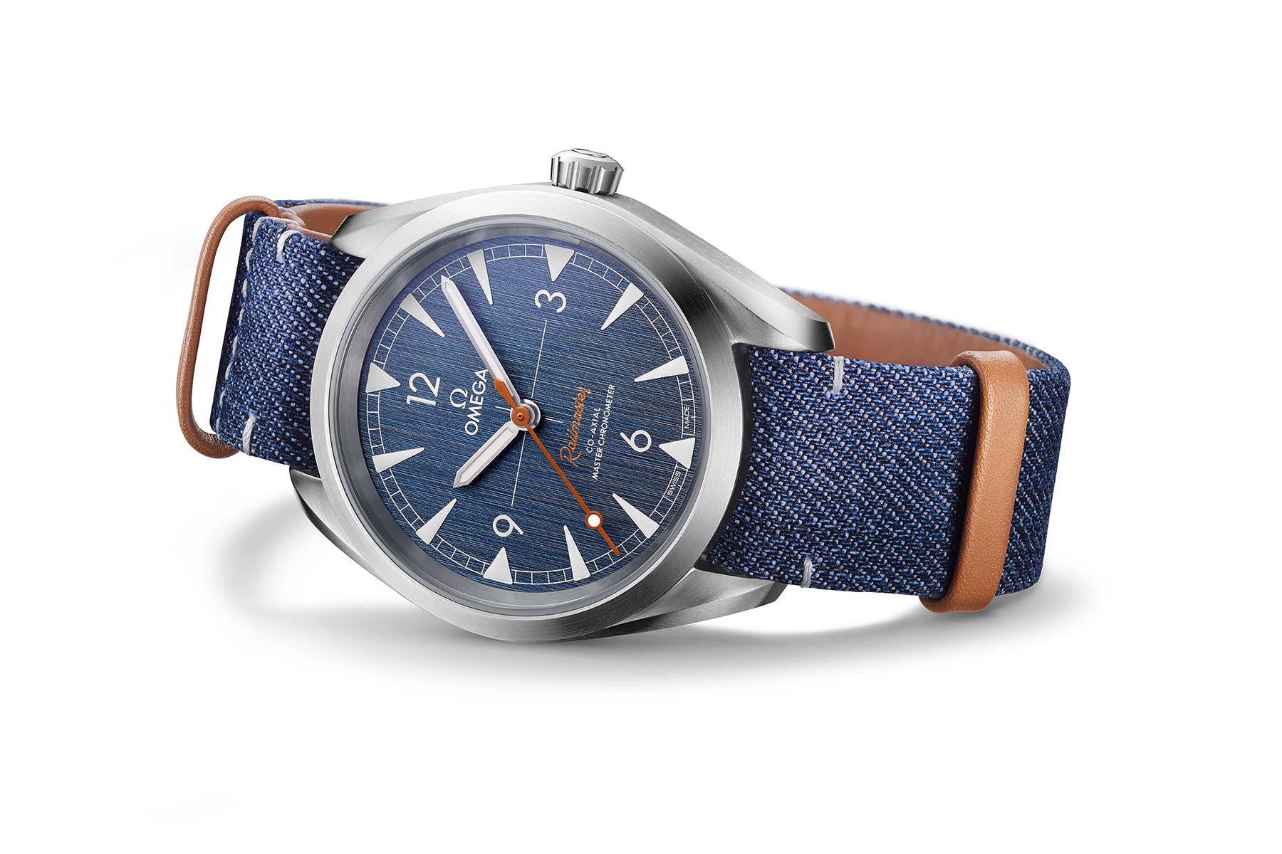 Omega seamaster railmaster denim faded jeans nato brown leather strap 220.12.40.20.03.001 OMEGA CO-AXIAL MASTER CHRONOMETER 40 MM 4900 usd steel
