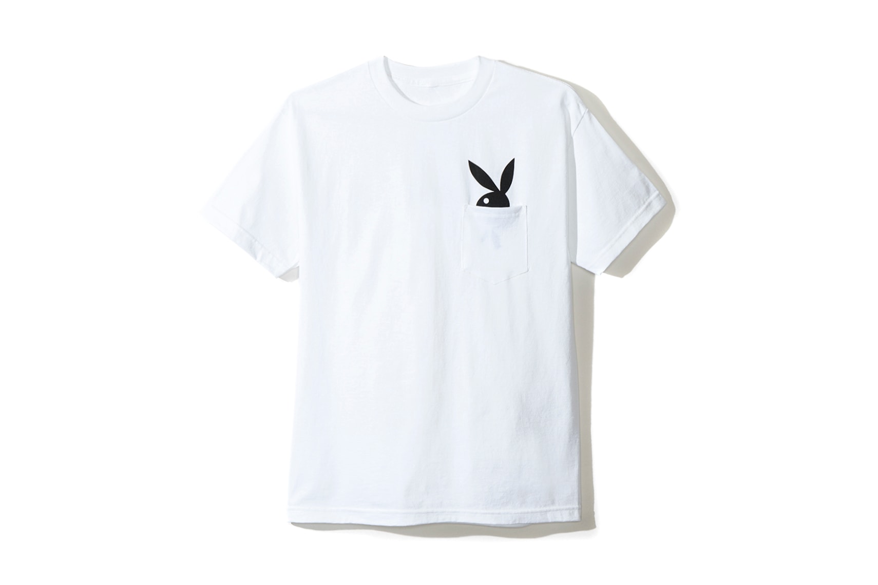 playboy white label anti social social club collaboration collection july 13 2018 white tee shirt pocket bunny rabbit head logo
