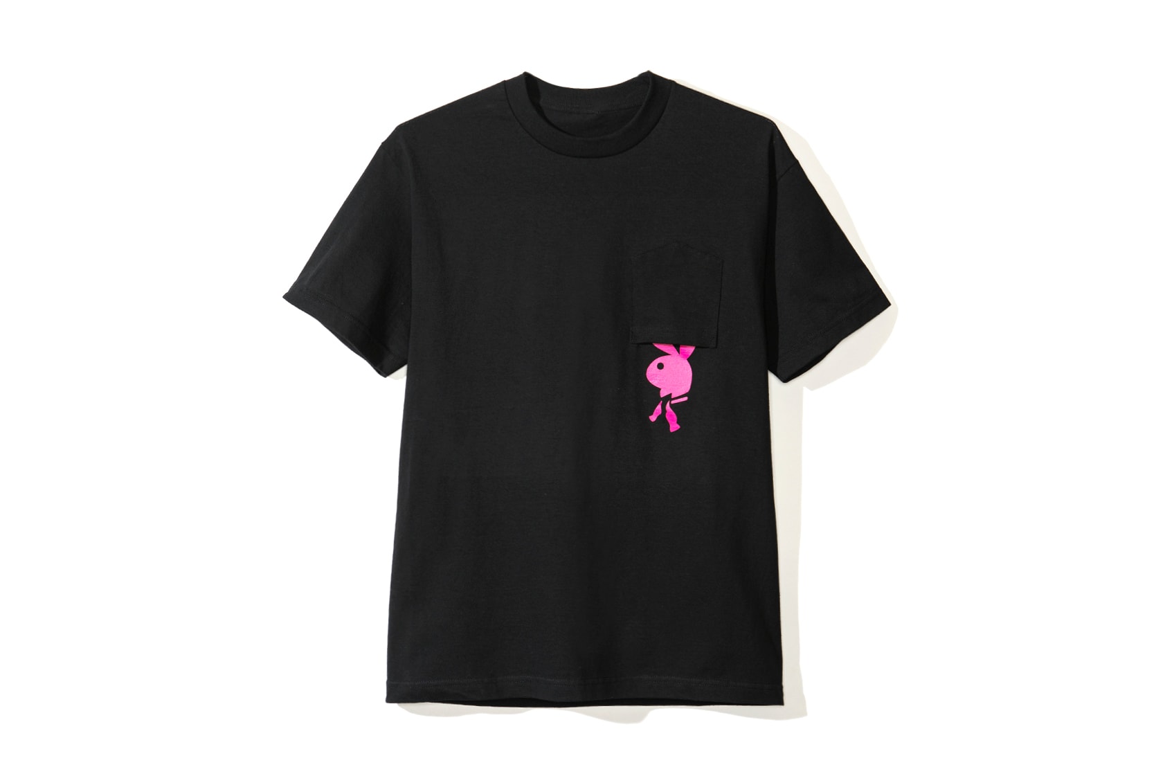 playboy white label anti social social club collaboration collection july 13 2018 black tee shirt pocket bunny rabbit head logo